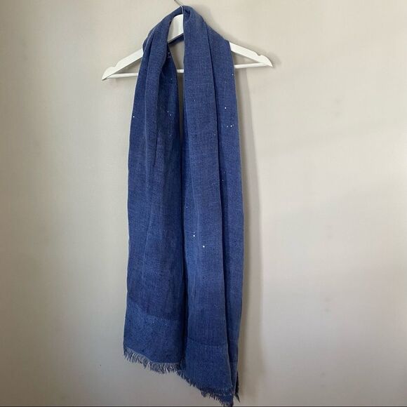 Modena Scarf Blue Sequin Casual Fringe Neutral Lightweight Oversized - Picture 1 of 7